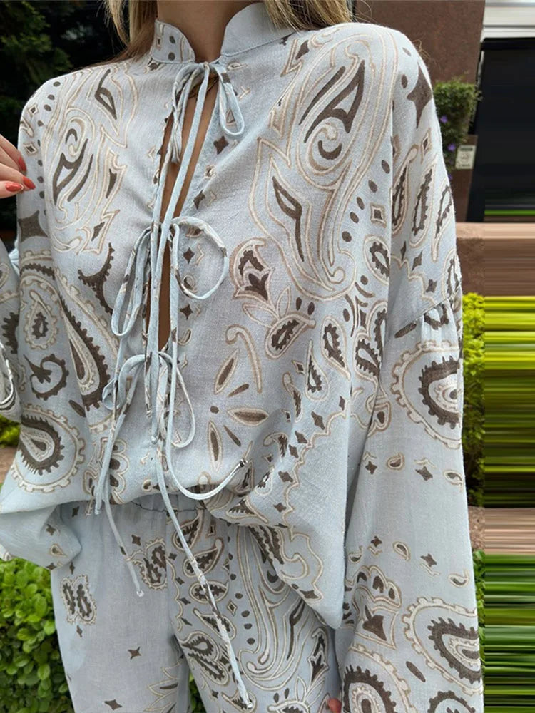Women's Printed Lace-Up Shirt & Wide Leg Pants Set