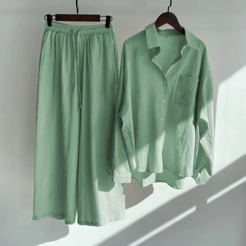 2 pieces women sets 2026 retro solid colorcotton linen shirt+high-waisted loose trousers sets women's clothing