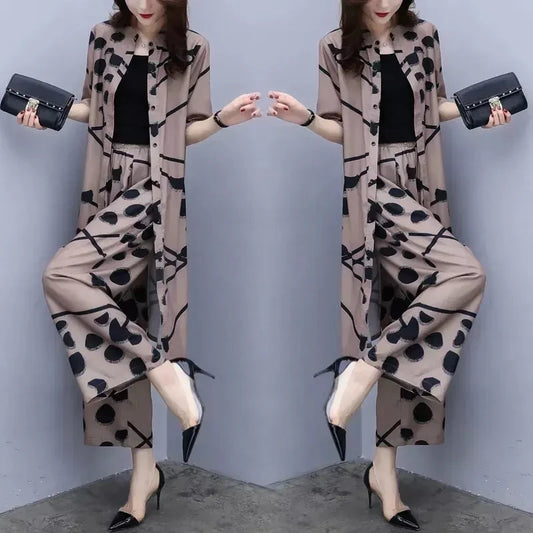Slimming Printed Suit Women's Summer 2023 New Loose Everything Chiffon Cardigan Top Wide Leg Pants Fashion Two-piece Set Women