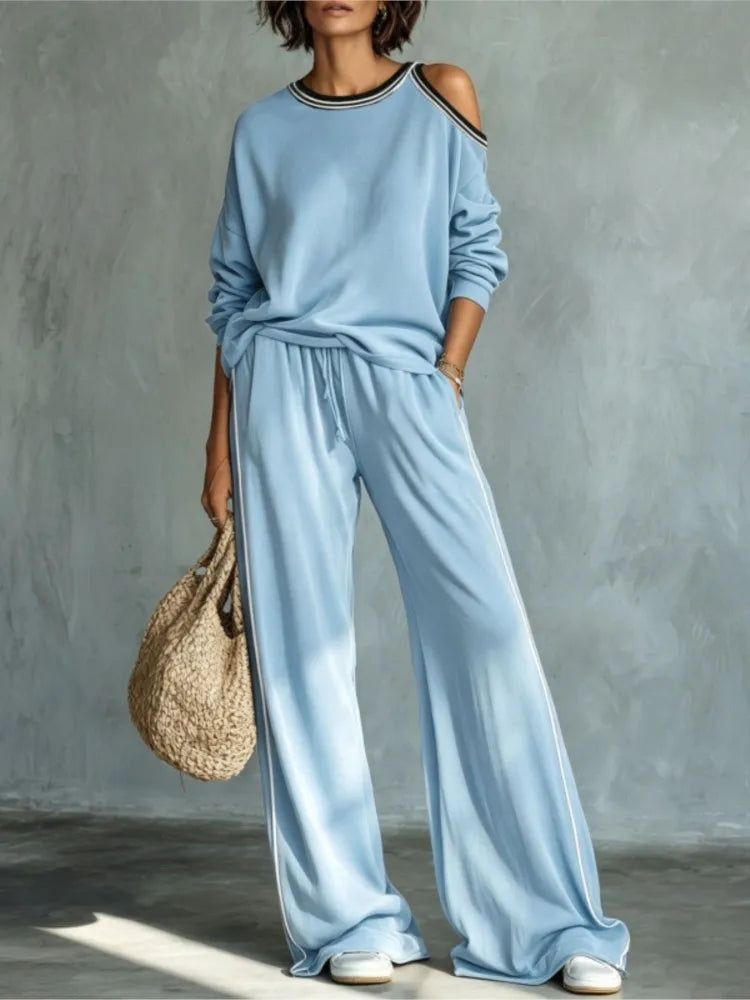Women's Off-Shoulder Sweatshirt & Wide Leg Pants Set