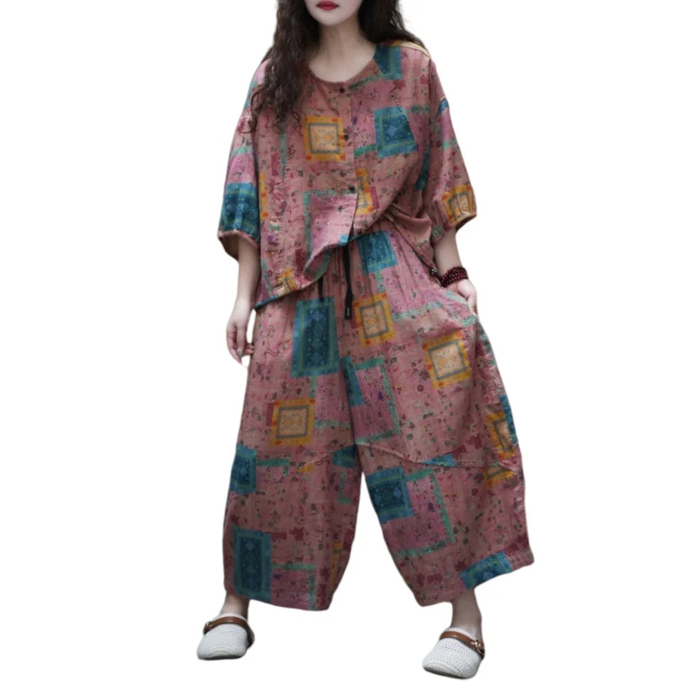 Printed Thin Suit Women Summer Loose Casual Linen Plus-size Ethnic Style Color-blocked Top + Pants Two Piece Set XY405