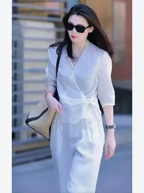 Women's V-Neck Shirt & Wide Leg Pants Set