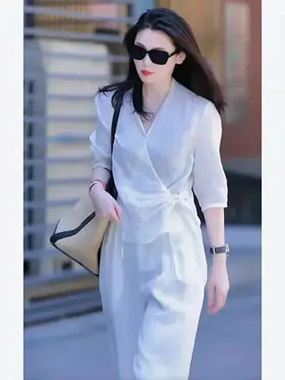 Women's V-Neck Shirt & Wide Leg Pants Set