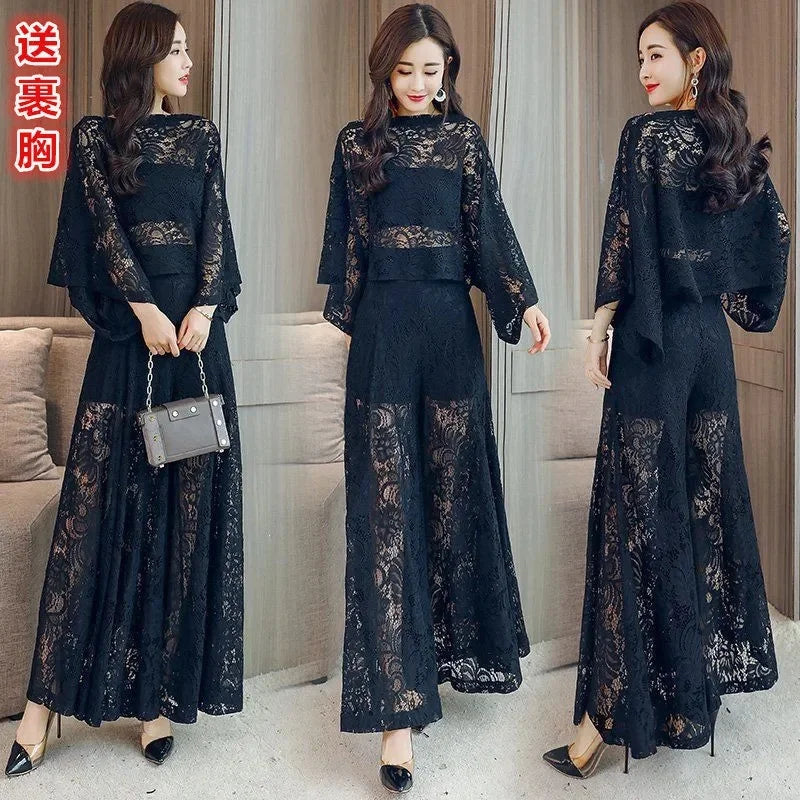 Women's Lace Shawl & Wide Leg Pants Set