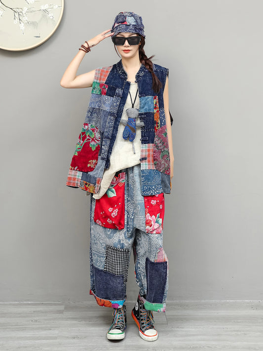 Artistic Tie-Dye Fabric Patchwork Floral Outfit Women Summer Cardigan Loose Vest + Large Pockets Pant Two Piece Set ZF2280