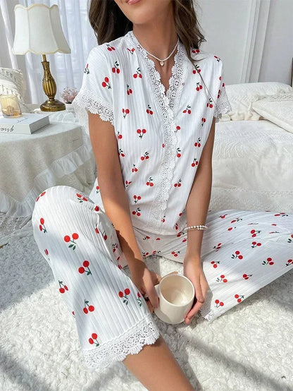 Women's Cherry Print Lace Trim Pajama Set