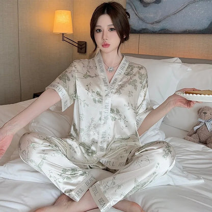 Women's Silk Pajama Set Button-Up V-Neck Printed Sleepwear