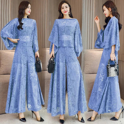 Women's Lace Shawl & Wide Leg Pants Set