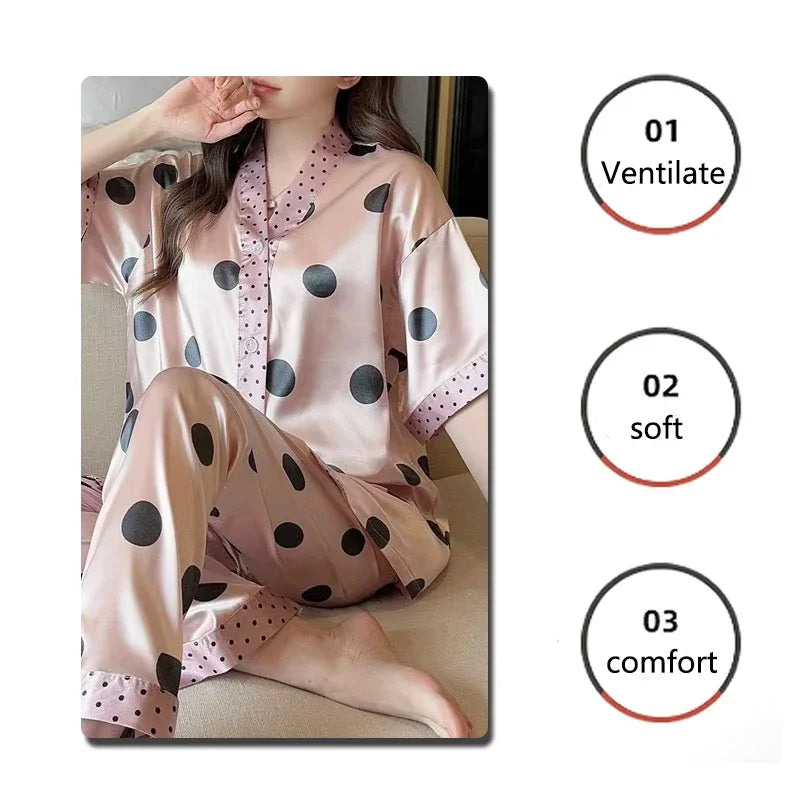 Women's Silk Pajama Set Button-Up V-Neck Printed Sleepwear
