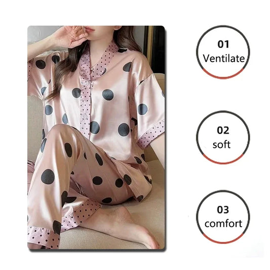 Women's Silk Pajama Set Button-Up V-Neck Printed Sleepwear