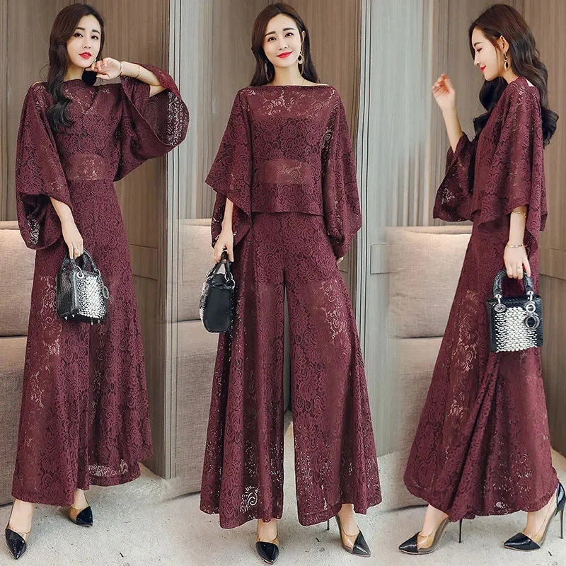 Women's Lace Shawl & Wide Leg Pants Set