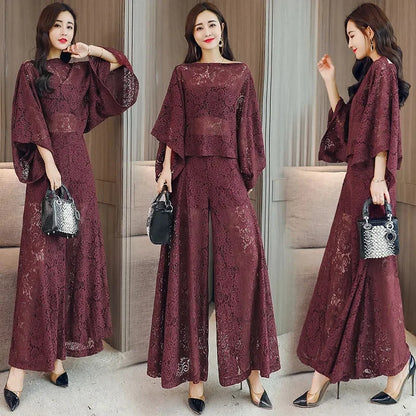 Women's Lace Shawl & Wide Leg Pants Set